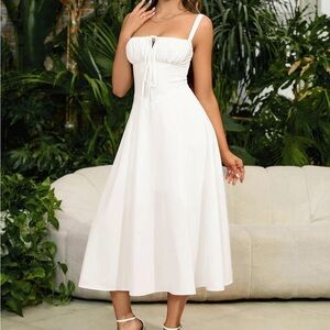 Midi White Lace Up Ruched Split Dress